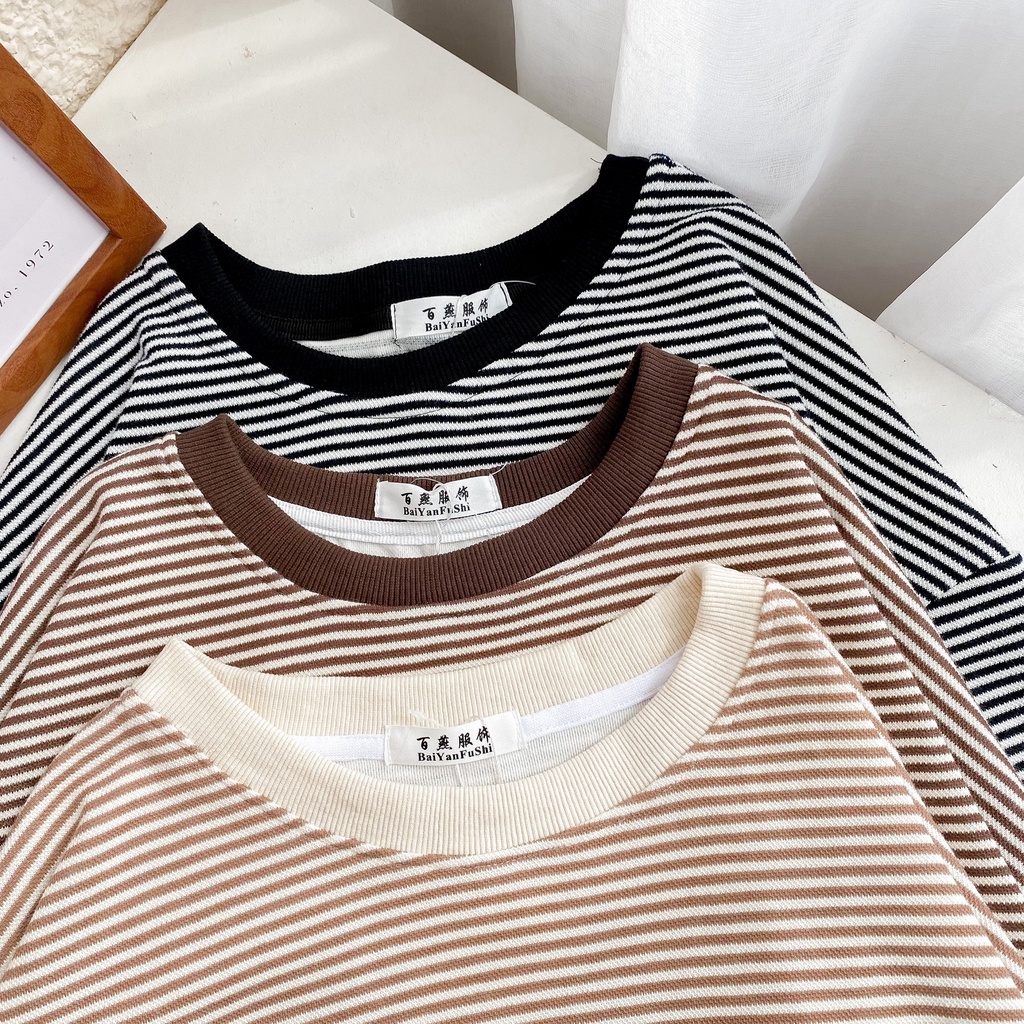 [HÀNG CÓ SẴN] Áo nỉ dài tay nữ May Boutique áo nỉ oversize kẻ ngang ABS21H_110.061 | BigBuy360 - bigbuy360.vn