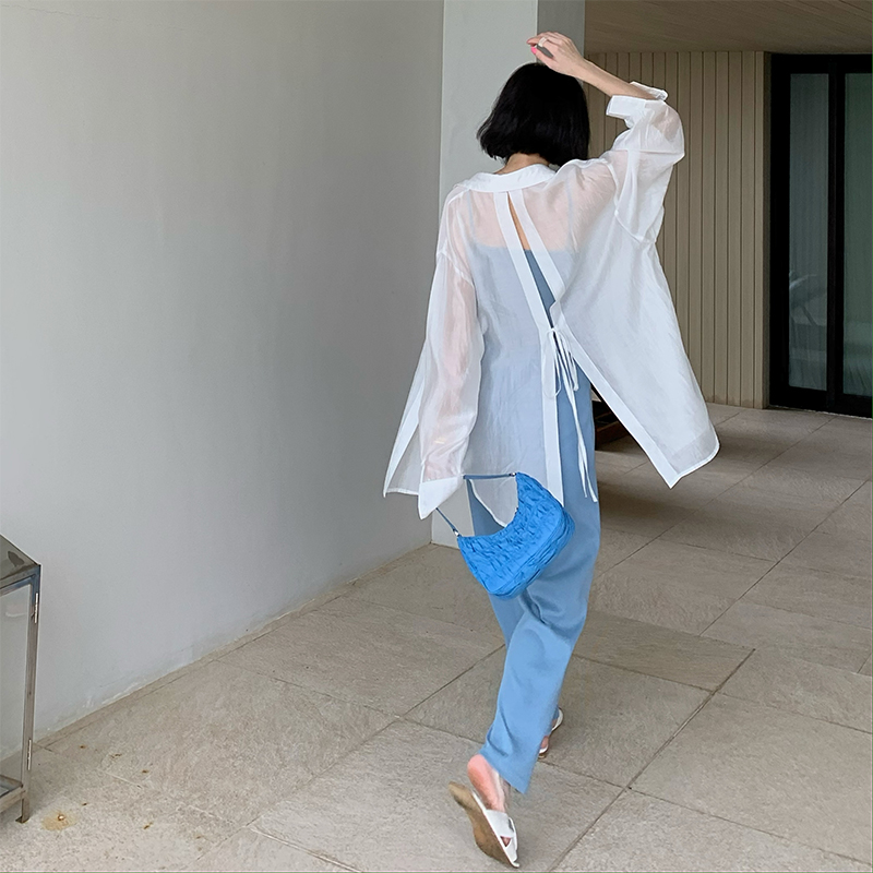 Áo sơ mi tay dài dáng rộng phối dây buộc thời trang quyến rũ cho nữ