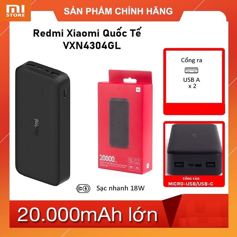 Pin dự phòng 20000mAh Redmi Xiaomi (Đen) Quốc Tế VXN4304GL