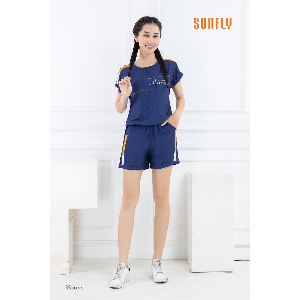 Bộ đồ mặc nhà nữ thể thao SUNFLY chất linen áo cộc, quần sooc SS5633