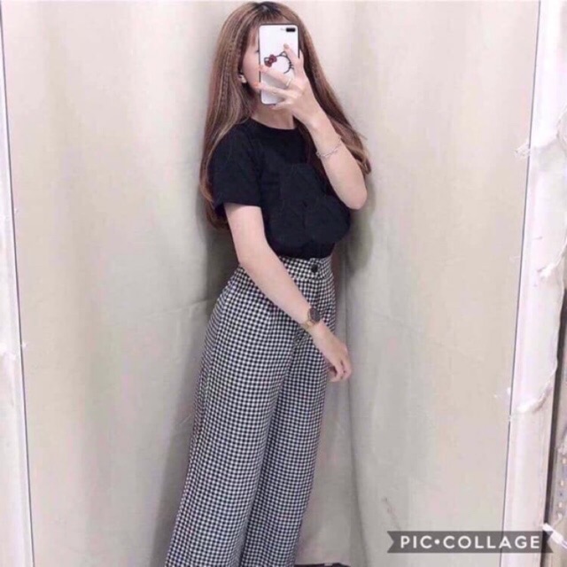 Sét bộ áo thun đen quần ống rộng kẻ