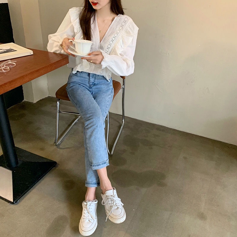 Áo Sơ Mi Tay Dài Cổ Chữ V Phối Ren Bèo Thời Trang Mùa Hè Phong Cách Pháp