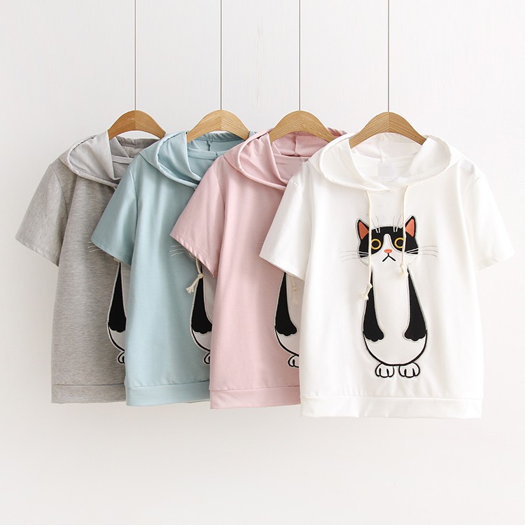 Áo hoodie mèo con tay ngắn