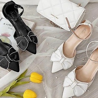 ZZ99- Giày, sandal cao gót nơ bông 7 phân gót mảnh- sambo bít gót