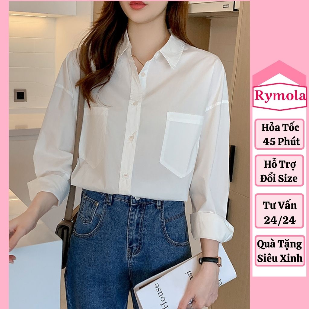 Áo Sơ Mi Nữ From Rộng MOLA Chất Đũi Kiểu Công Sở Dài Tay Phồng 2 Túi Dáng Dài Hàn Quốc Vải Lụa Màu Trắng Cổ Đức Vintage