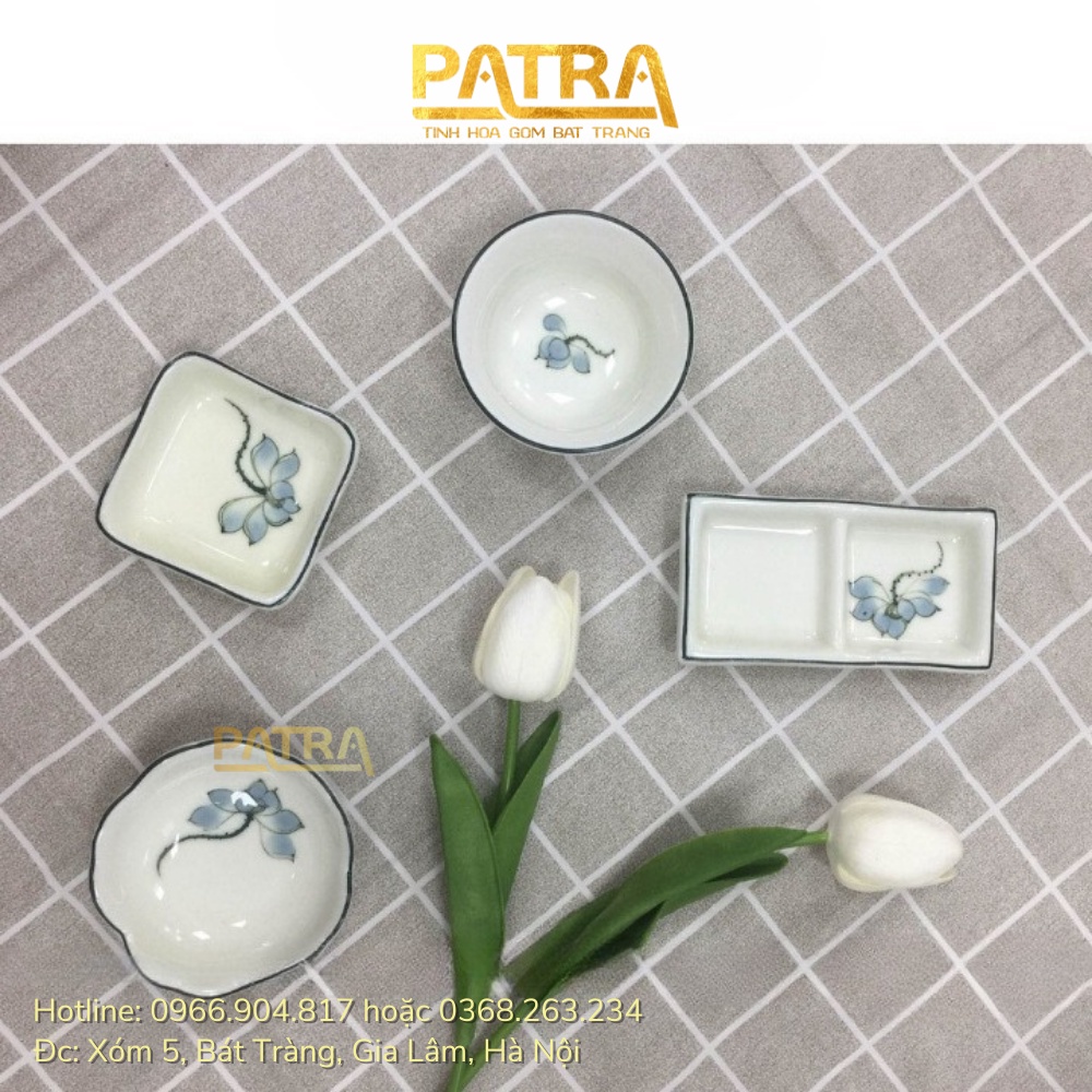 Bộ đĩa gia vị sứ, bát mắm, chén nước chấm Bát Tràng cao cấp vẽ sen xanh