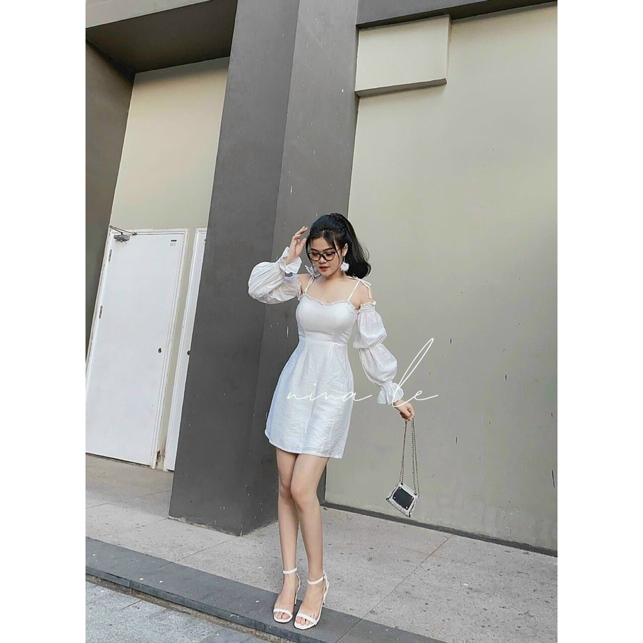 Đầm trễ vai tay nhún cột nơ vai (có sẵn mút) 2 màu đen và trắng