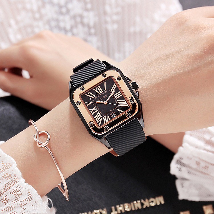 Đồng hồ guou nữ mặt vuông dây silicon, bảo hành 12 tháng, tặng box