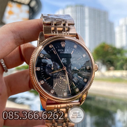 Đồng hồ nam Rolex cơ Automatic Máy Nhật mẫu 6 kim đen viền vàng size 40-41mm