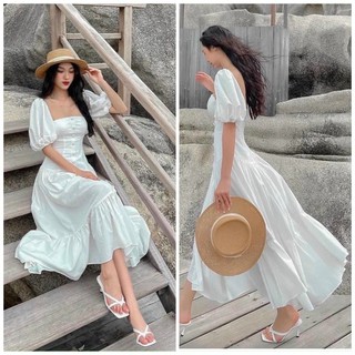 Đầm váy freesize trắng tầng cổ vuông nút bọc