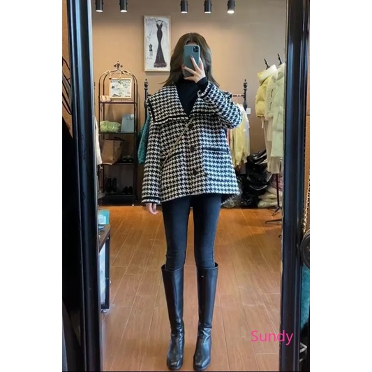 Áo khoác dáng rộng cổ thủy thủ in sọc caro phong cách mùa đông thời trang Hàn Quốc cho nữ