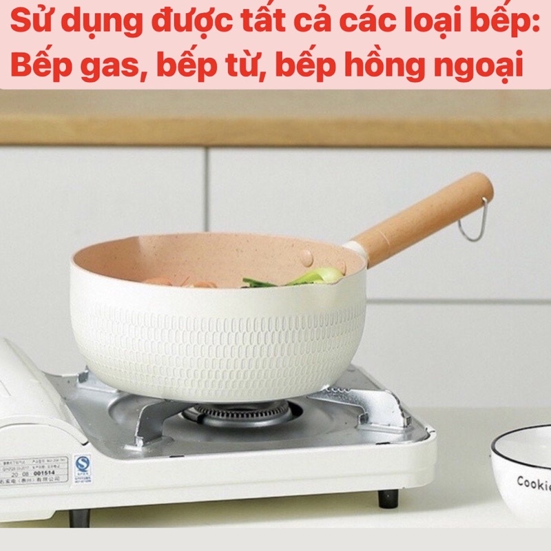 Chảo Chống Dính Ceramic Lòng Sâu Có Tay Cầm Cán Gỗ Chống Nóng Màu Pastel Dễ Thương