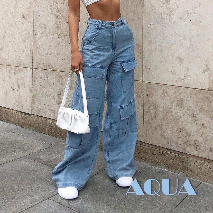 Quần Jeans Nữ Lưng Cao Ống Rộng Màu Trơn Thời Trang