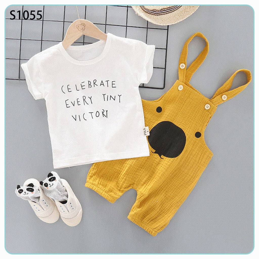 Set áo thun trắng quần yếm kaki mặt gấu túi koala 2 màu vàng nghệ vàng kem cho bé từ 10 tháng 8 ký đến 16 ký