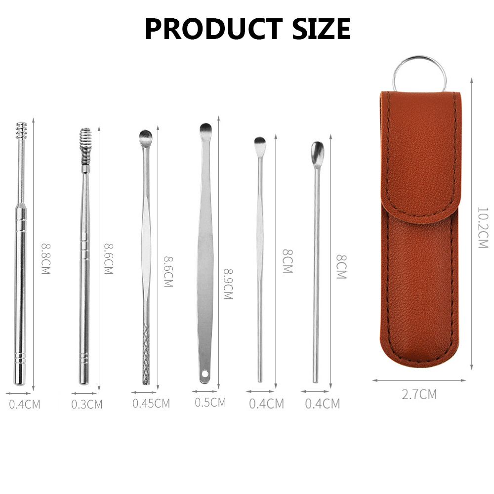 (Hàng Mới Về) Set 6 Dụng Cụ Lấy Ráy Tai Bằng Da Pu Và Thép Không Gỉ Hai Đầu Tái Sử Dụng Linh Hoạt