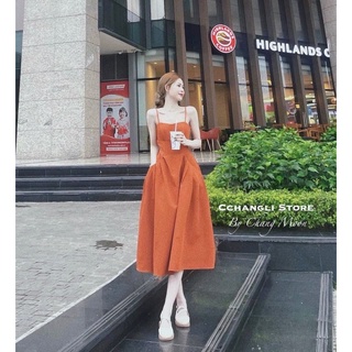 🍀 váy đầm maxi hai dây cam xếp ly túi cúp ngực dáng xoè dài sang chảnh du lịch dự tiệc