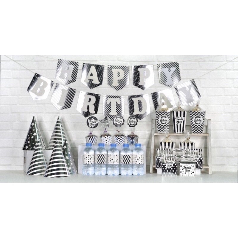 Set phụ kiện sinh nhật ép kim màu bạc cao cấp trang trí bàn tiệc