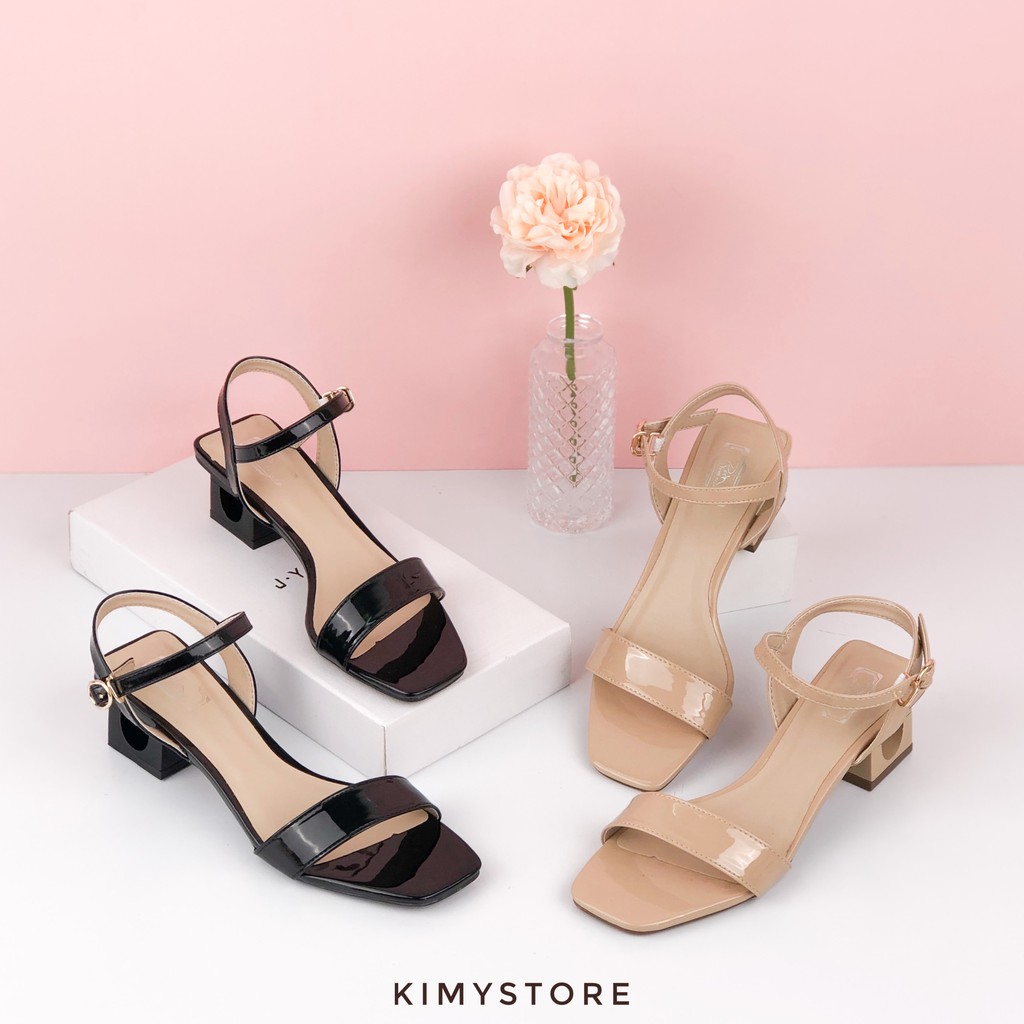 Sandal nữ VNXK da bóng cao gót, dép xăng đan nữ quai ngang gót cao 3cm - Kimy Store