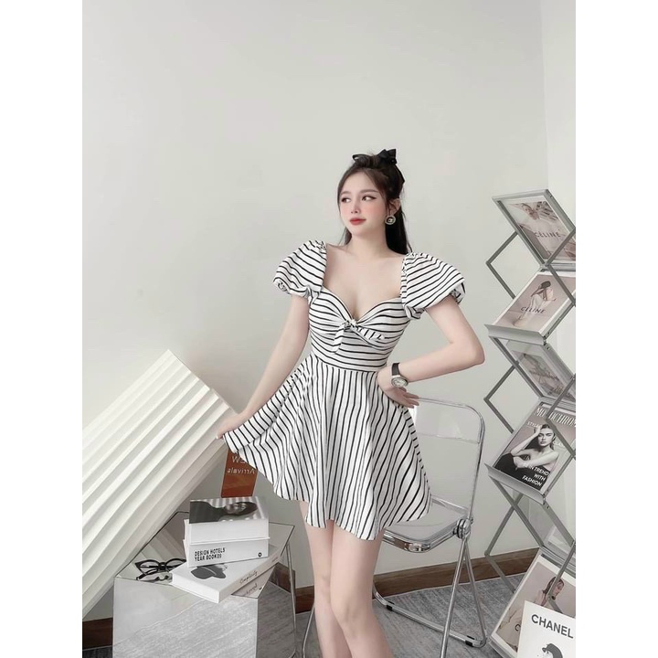 Váy sọc họa tiết đầm tiểu thư vintage dành cho nữ thiết kế trẻ trung, thời trang độc đáo Lokishop | BigBuy360 - bigbuy360.vn