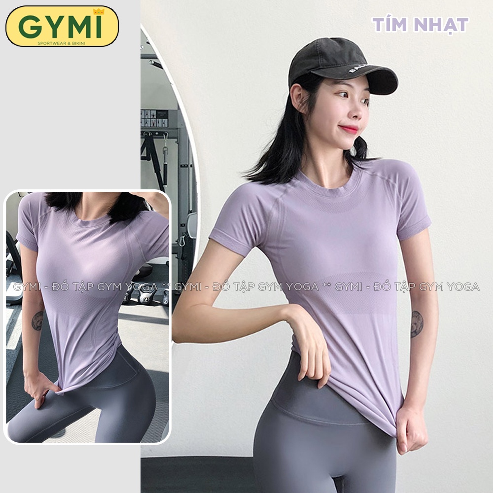 Áo tập gym yoga nữ GYMI AC28 dáng ngắn tay cạp dài phủ bụng chất dệt kim thể thao co giãn thấm hút