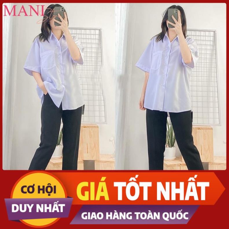 Áo sơ mi nữ form rộng tay ngắn lỡ kiểu dáng basic màu trắng dáng suông style đi học sinh viên có túi ngực