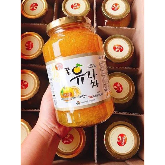 Combo 2 hũ Mật ong chanh đào Hàn Quốc Haetti nguyên chất công dụng giảm ho nắp vàng 1kg date mới - ÂU CHÂU SHOP