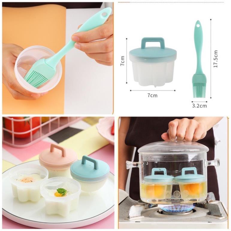 Bộ 4 khuôn hấp trứng, khuôn làm bánh, pudding, đậu hũ cho bé (kèm chổi quét dầu)