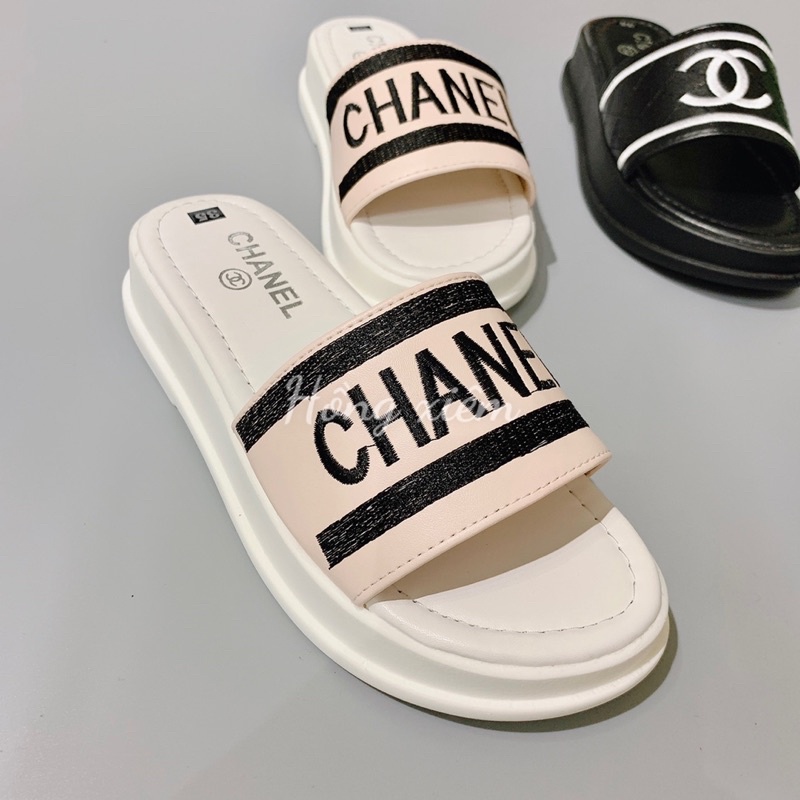 DÉP BÁNH MỲ CHANEL NÂNG ĐẾ 3CM , dép thêu chữ chanel và chữ X