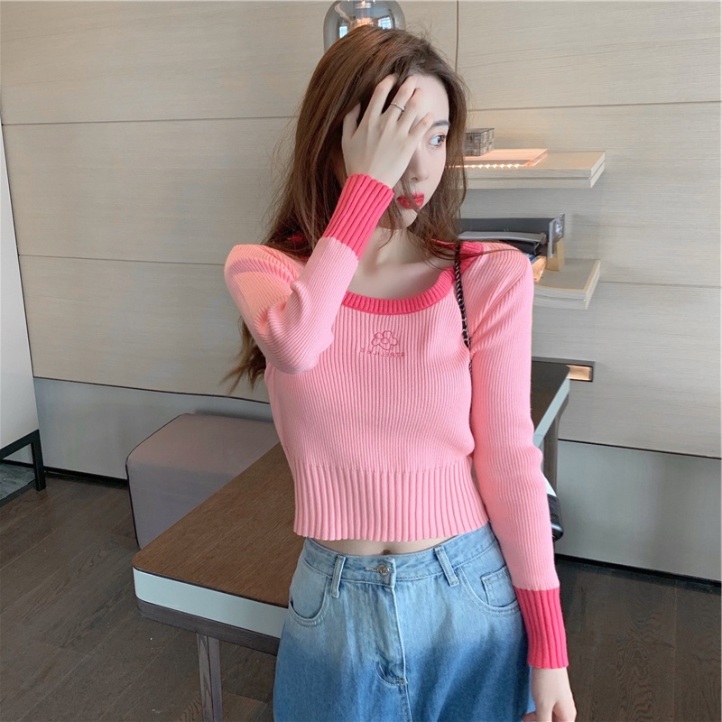 【ZHELIHANGFEI】 / Áo Dệt Kim Dáng Ôm Ngắn Lưng Cao Màu Hồng Thời Trang Xuân Thu Cho Nữ