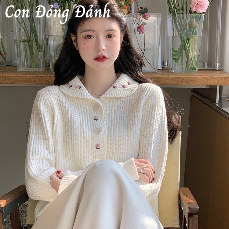 Áo len thêu hoa cổ tròn tay bồng nhẹ xinh Hàn Quốc hàng Quảng Châu AO052