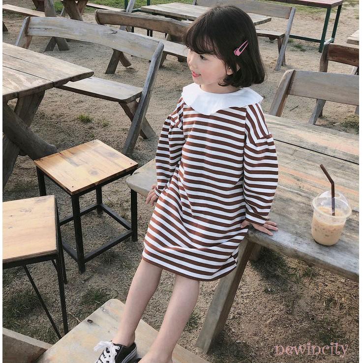 Đầm công chúa tay dài cổ búp bê kẻ sọc dễ thương phong cách Hàn Quốc thời trang xuân thu dành cho bé gái