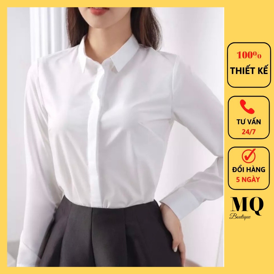 Áo sơ mi nữ trắng dài tay cao cấp công sở màu trắng dáng cơ bản nẹp dấu cúc , áo sơ mi thiết kế MQ Boutique