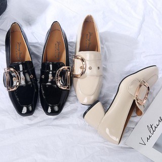 D39- giày tây nữ da bóng đế vuông có đai, giày công sở đế 5cm hàng Quảng Châu