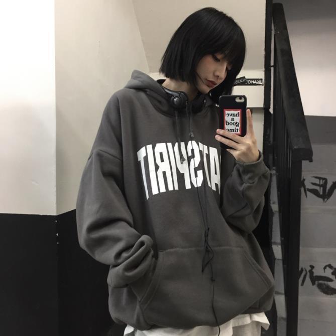 Áo hoodie dáng rộng in chữ phong cách Hàn Quốc thời trang thu đông mới 2021