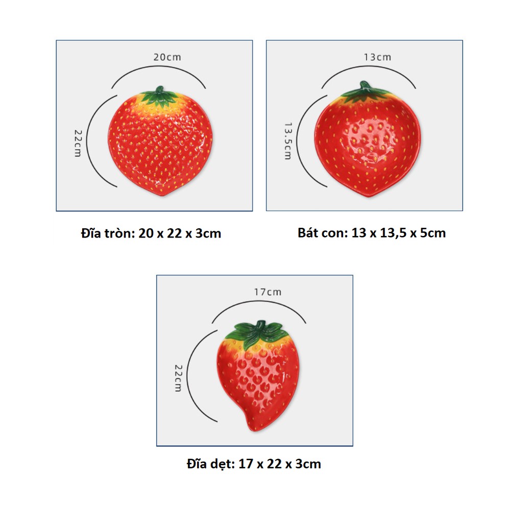 Bát đĩa gốm sứ tráng men hình trái dâu tây đỏ