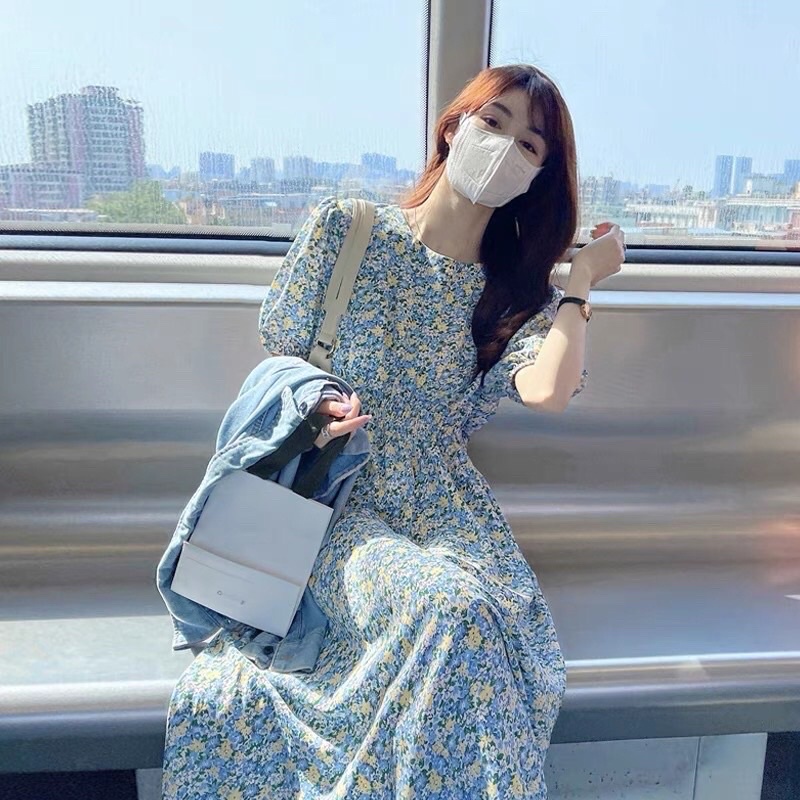 Váy hoa chun eo tay phồng, đầm hoa nhí vitage ảnh thật khách mặc