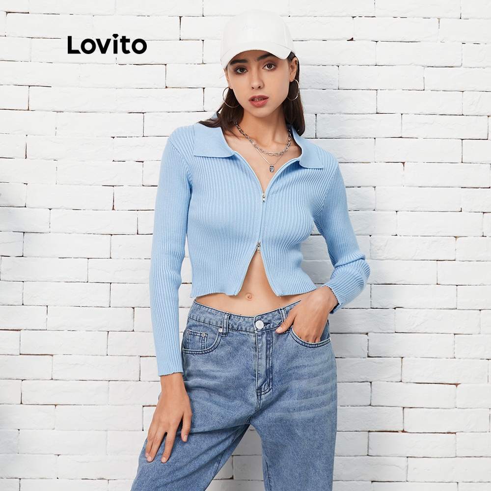 Lovito Áo cardigan dương trơn đơn giản dây khóa kéo phong cách thường ngày L07093