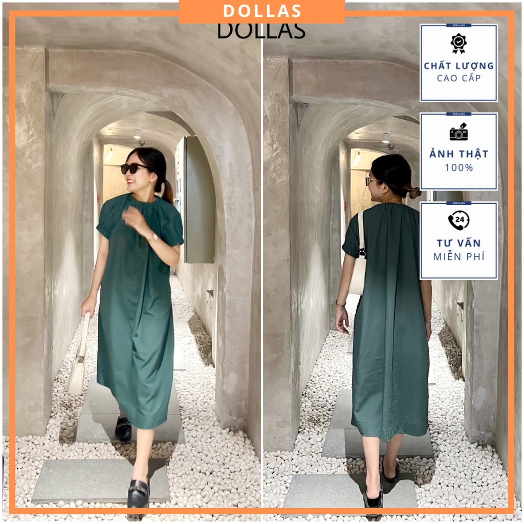 Đầm suông dài (đầm xuông dài) có túi, dáng chữ a, thiết kế tay và cổ bo chun hiện đại, không nhăn - dollas