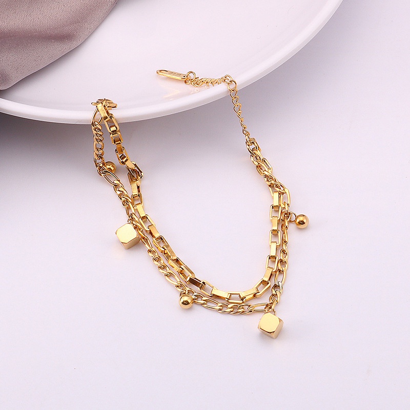 Lắc tay titan nữ 2 lớp cá tính không đen gỉ mặt khối vuông bi tròn