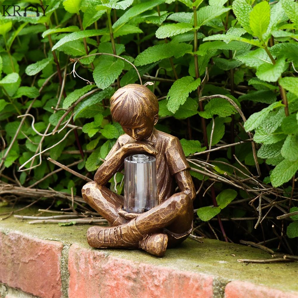 KRNY Gifts Boy with Fireflies Festival Decoration Glimpses of God Resin Garden Boy LED Light Vintage Artistic Statue Holiday Ornament Garden Lights Statue Sculpture with Light