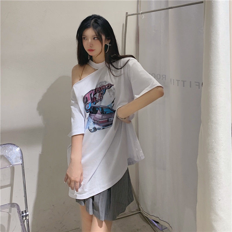 Áo Thun COZOK Tay Ngắn Dáng Rộng Trễ Vai In Họa Tiết Kiểu retro Cá Tính