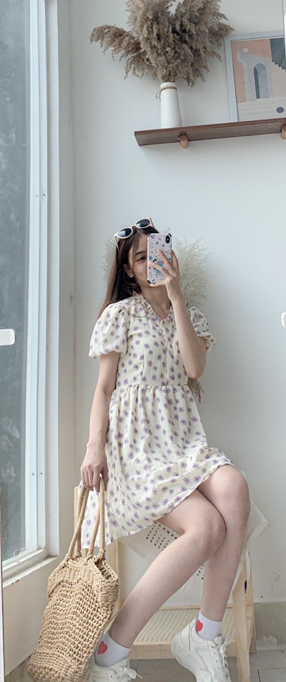 Đầm hoa nhí  - váy vintage hoa cúc tím nền trắng tay bồng siêu xinh | BigBuy360 - bigbuy360.vn