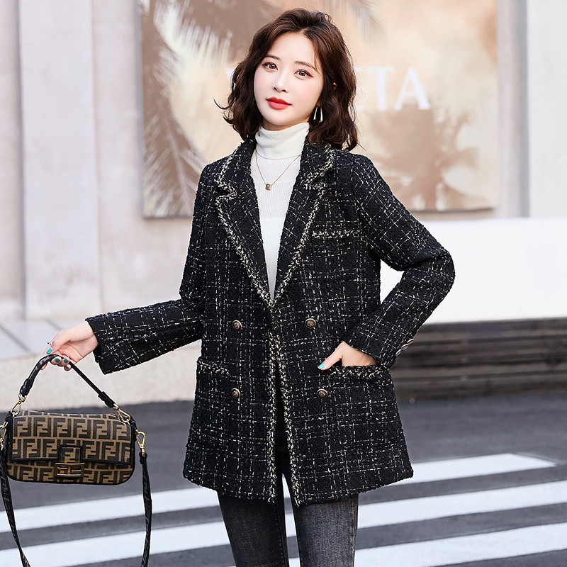 Xiaoxiang Áo Khoác Len Dáng Rộng Phối Vải Tweed Sọc Caro Phong Cách Thu Đông Kích Thước Nhỏ Co