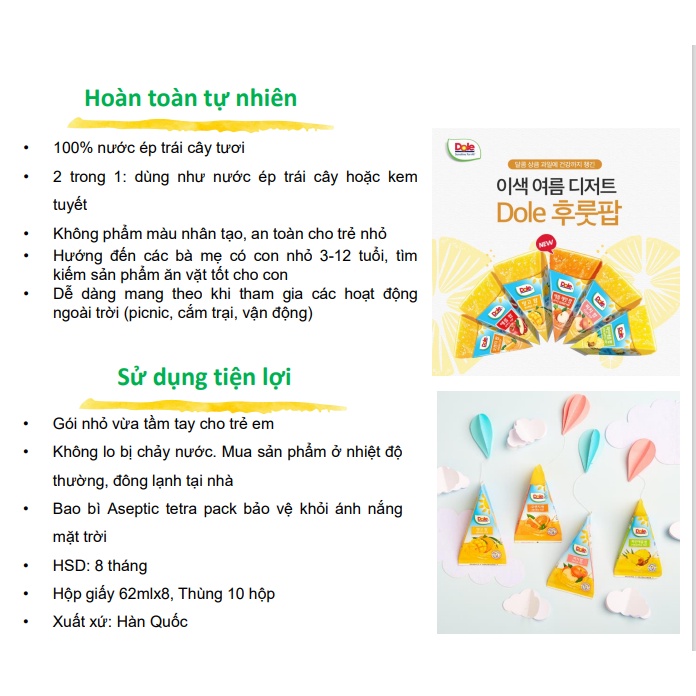 Nước kem tuyết trái cây ép Dole gói 62ml