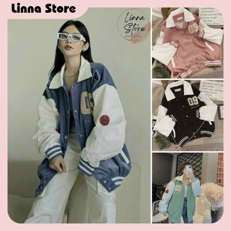 Áo Bomber Nhung 09 Tay Phối Màu 🦋 Áo Khoác Dáng Rộng Thêu Chữ Tay Bo 4 Màu 🦋