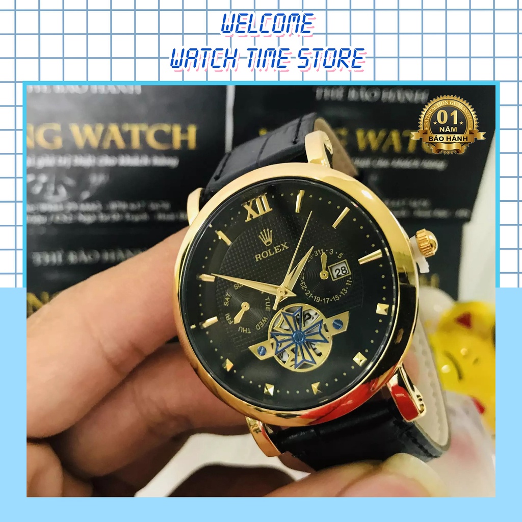 Đồng Hồ Nam Rolex 5283G Mặt Đen Viền Vàng Dây Màu Đen - Viền mặt mạ bền màu- Kính chống xước