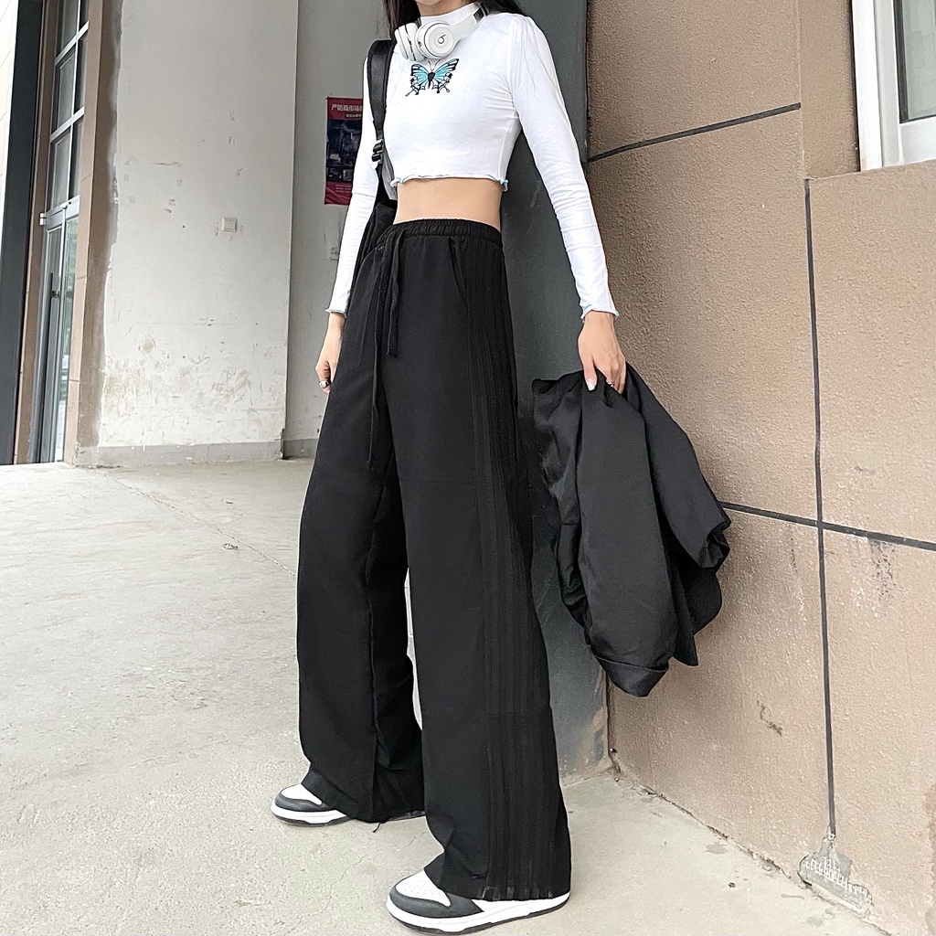 SUXI Quần dài ống rộng họa tiết kẻ sọc thời trang Hàn Quốc mới năng động cho nữ