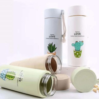 Bình Giữ Nhiệt, Bình đựng nước lõi thủy tinh họa tiết xương rồng dễ thương dung tích 400ml