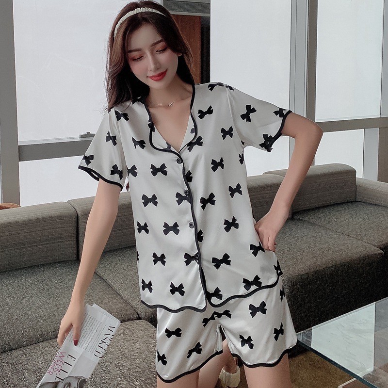 Bộ Đồ Mặc Nhà Pijama Quảng Châu cao cấp mẫu 2021 Nơ xinh xắn, thoáng mát mềm mịn quần đùi lụa Latin