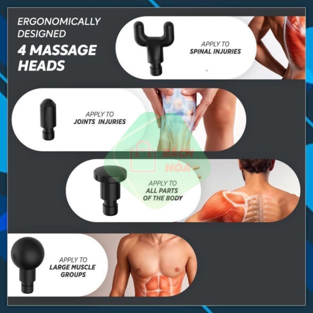 Súng Massage Cầm Tay 6 Chế Độ 4 Đầu, Massage Tại Nhà Siêu Tiện Lợi